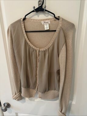 Freeway Taupe Sheer-Front Button Cardigan